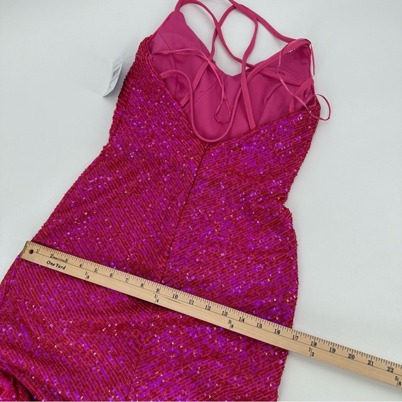 MORGAN & CO Dress Formal Sequin Gown Hi Low Jrs 1 Ruffle Strappy Prom Pink READ - Picture 11 of 12